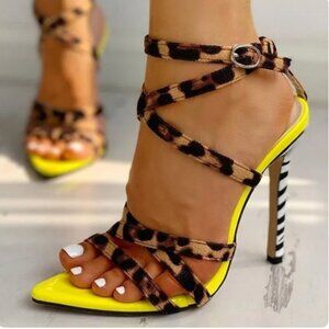 FSJ Yellow Leopard Print Shoes Pointed Toe Strappy High Heel Sandals